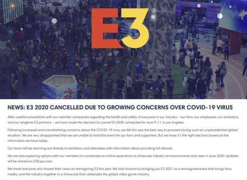 根据国外多家媒体报道，E3 2020游戏展正式取消